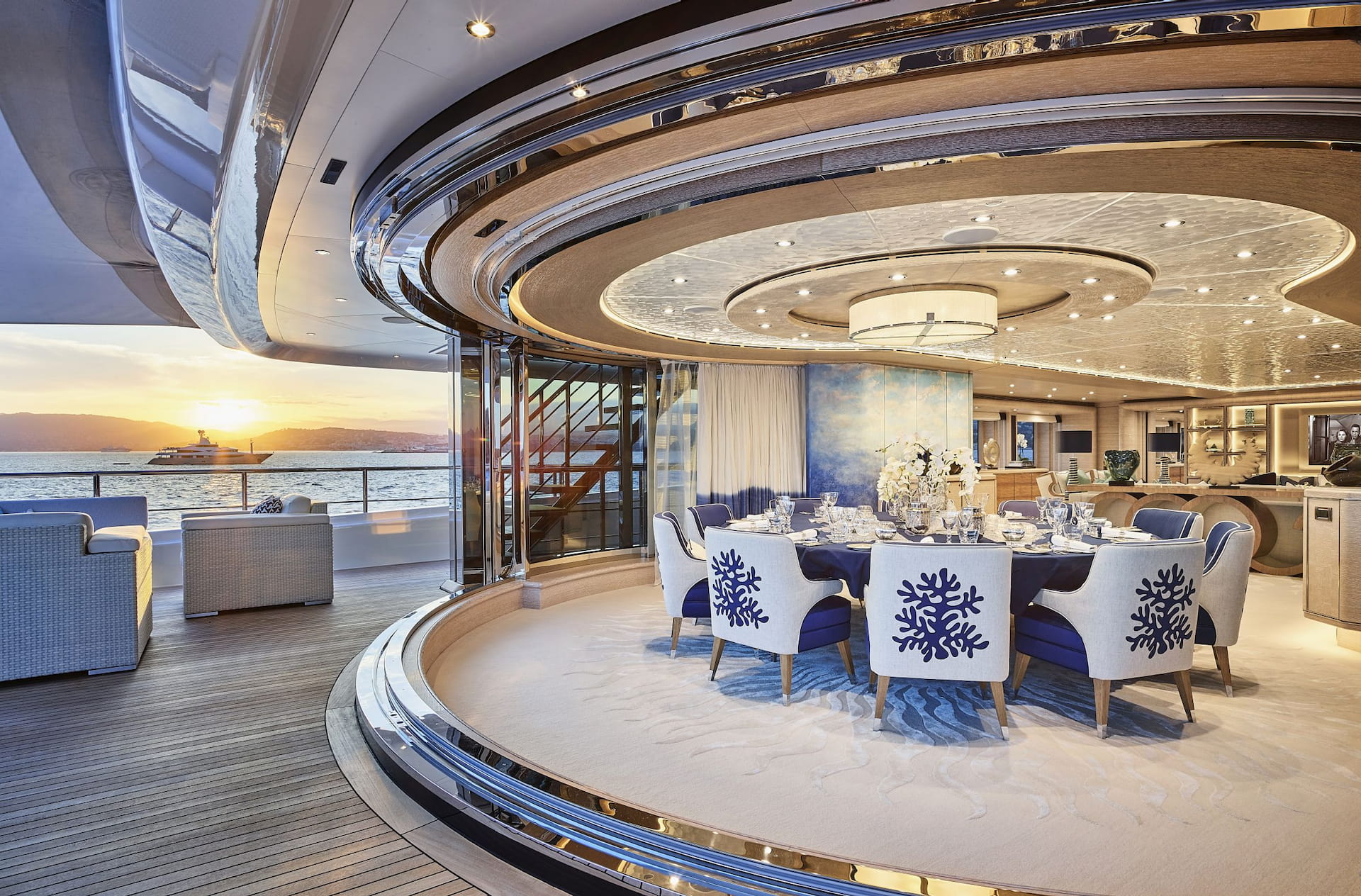 Photo of the dining area on a superyacht.