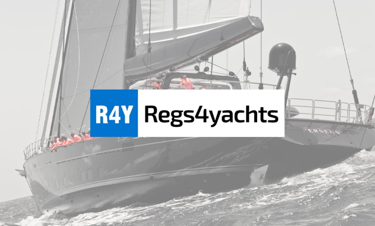 Photo of a yacht in action with the Regs4yachts logo.